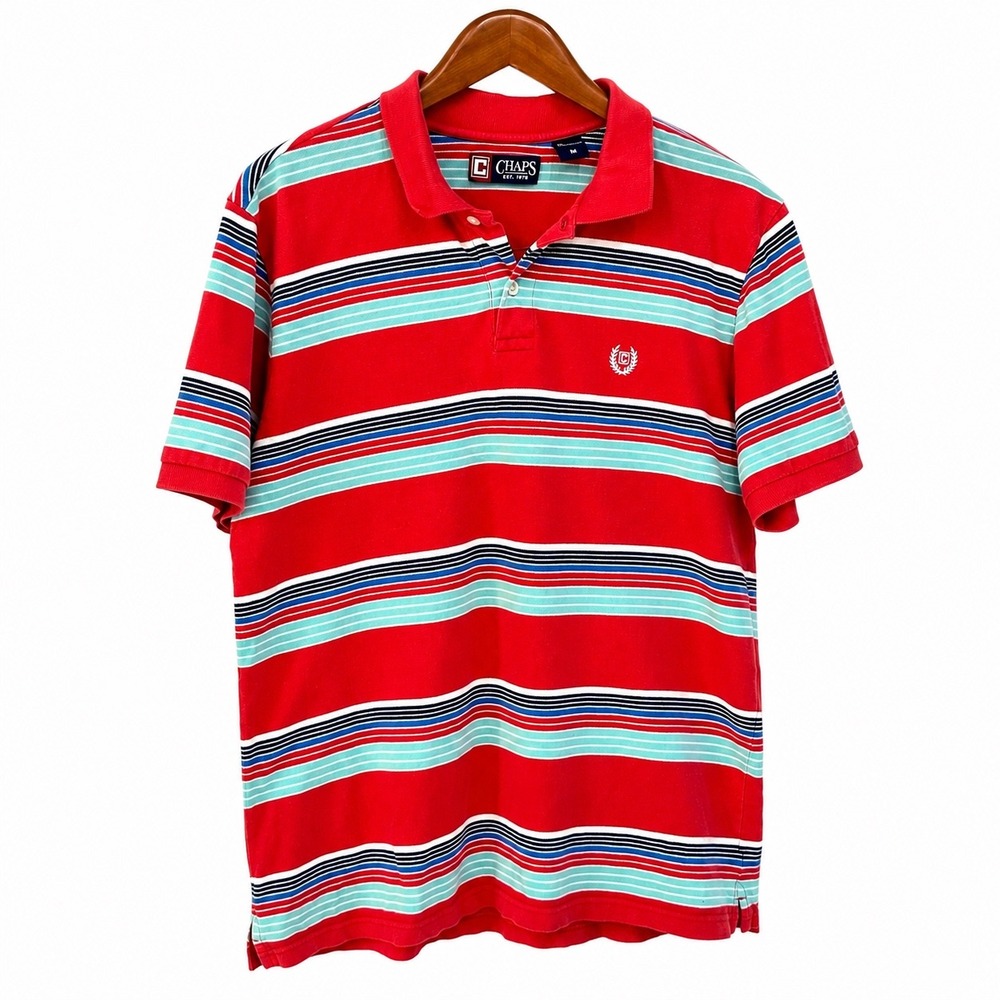 Chaps Mens Red Striped Cotton Pique Polo Shirt Short Sleeve Size M Logo Crest